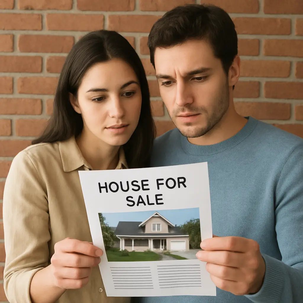 couple looking at house flyer