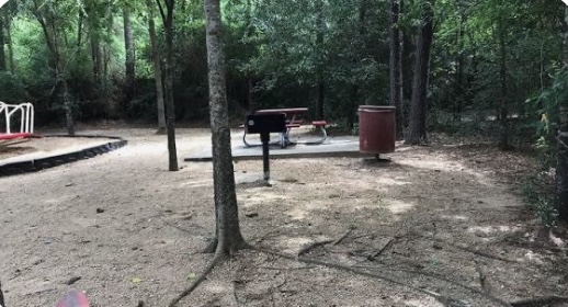 Picnic area in Unity Park Magnolia Texas surrounded by trees and nearby residential communities and homes for sale.