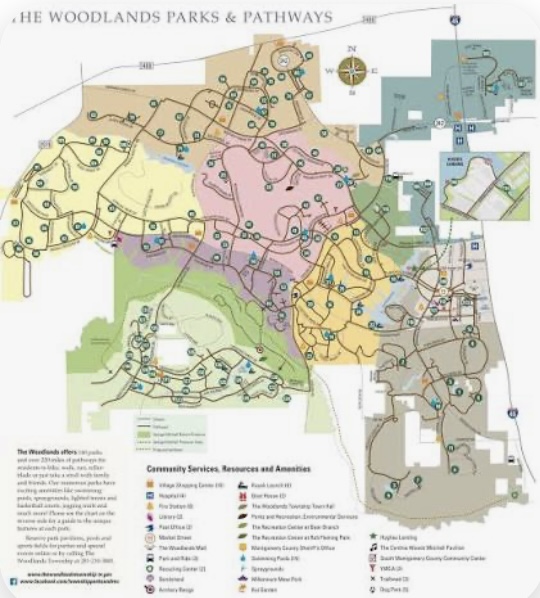 Illustrated map of The Woodlands, Texas with walking trails, parks, and village sections