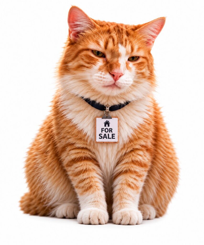 Cheeto the orange and white cat, office mascot of Hometown Realtors of Texas, wearing a For Sale tag