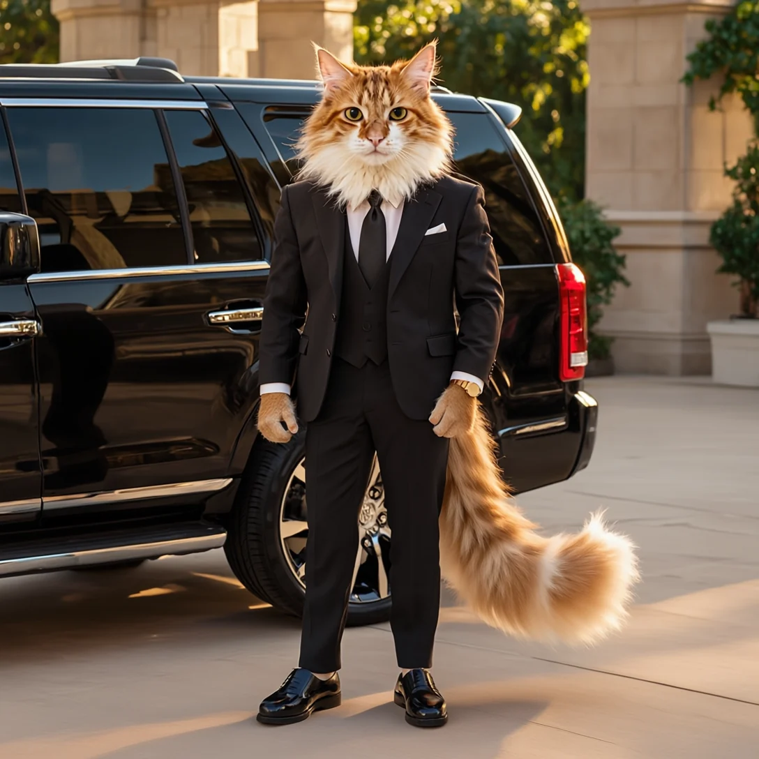Cheeto the orange cat in a black suit standing beside a black SUV, his real estate life at Hometown Realtors of Texas