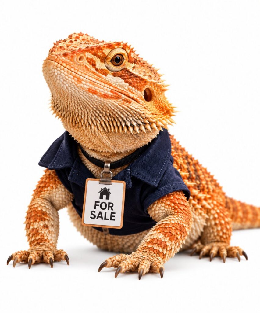Rico the bearded dragon, office mascot of Hometown Realtors of Texas, wearing a navy shirt and a For Sale tag