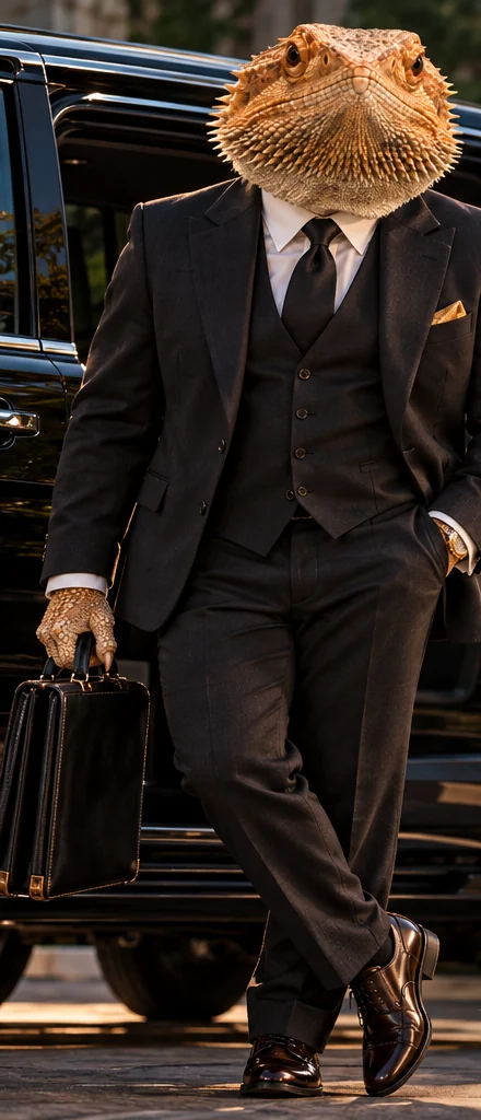 Rico the bearded dragon in a three-piece suit carrying a briefcase, his real estate life at Hometown Realtors of Texas